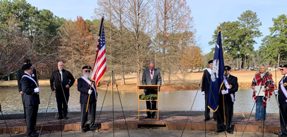 Members of Father Henry Tevlin Assembly 2108 in Rock Hill, S.C., and St. Michael the Archangel Assembly 3696 in Lake Wylie stand at attention as Tim Ryan of Father Anthony Montesinos Council 5086 in Myrtle Beach speaks during the annual Wreaths Across America ceremony at Forest Hills Cemetery. 