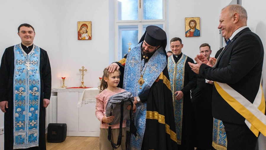 A ceremony marks the completed restoration of St. Basil the Great Kindergarten in Ivano-Frankivsk, Ukraine.