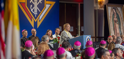 Mary Ann Glendon, former U.S. ambassador to the Holy See, addresses attendees of the annual States dinner after receiving the Gaudium et Spes Award on Aug. 5.