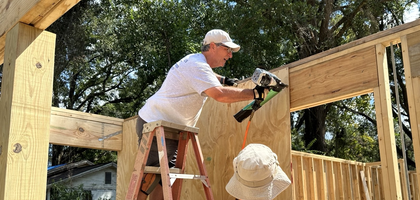 Financial Secretary Lenny Smales (left) of Christ Our Redeemer Council 13527 in Niceville, Fla., and Rick Spitznagel install wood to frame an exterior wall during a build with Habitat for Humanity in Okaloosa County. Over the past 15 years, council members have helped construct more than 20 homes with Habitat. This year, Council 13527 received the Florida State Council’s community program award.