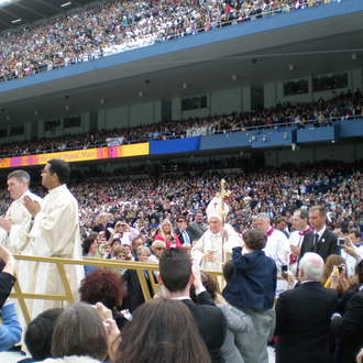Pope Benedict XVI's 2008 apostolic visit to the United States included Mass in Yankee Stadium. Prior to the visit, His Holiness declared Father Michael J. McGivney “Venerable.”