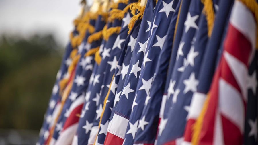 American flags stand in a row.