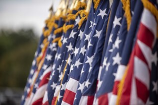 American flags stand in a row.