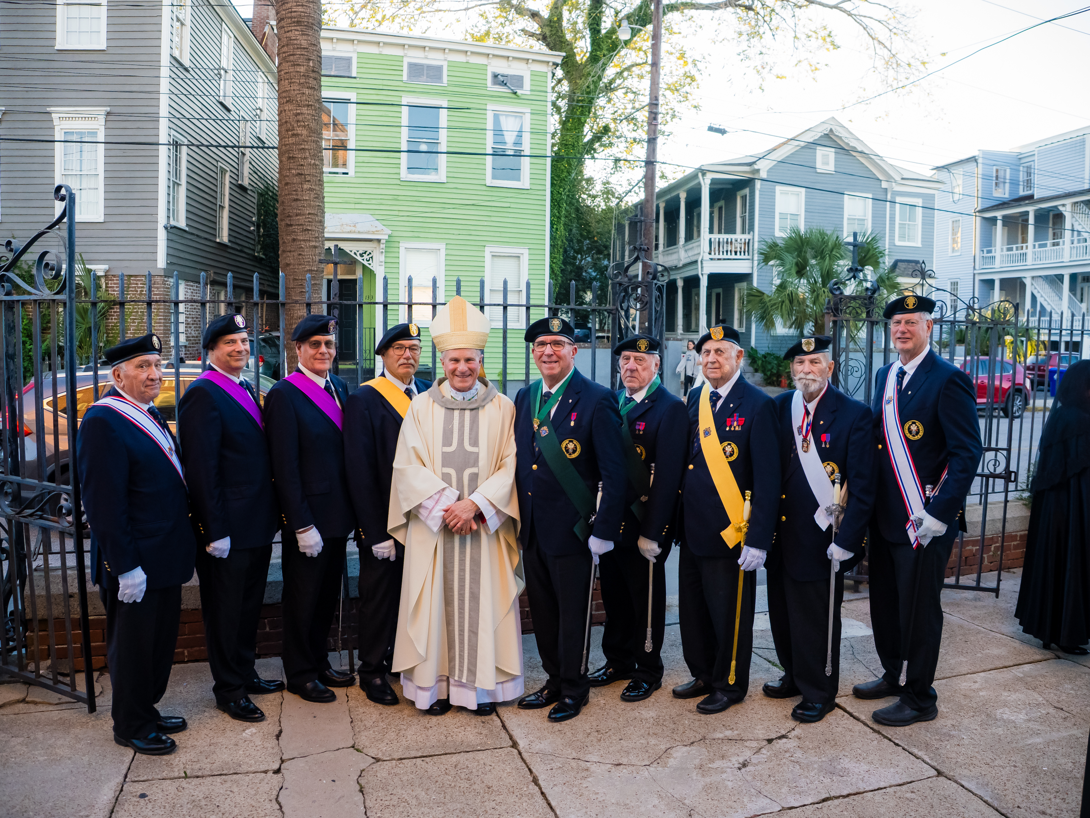 Archbishop Timothy Broglio of the Archdiocese for the Military Services, USA, is pictured with Fourth Degree Knights outside St. Patrick Church in Charleston, S.C., Oct. 23.