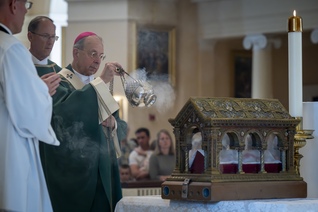 Supreme Chaplain Archbishop William Lori incenses the major relics of St. Margaret Mary Alacoque.
