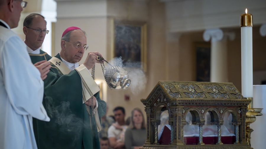 Supreme Chaplain Archbishop William Lori incenses the major relics of St. Margaret Mary Alacoque.