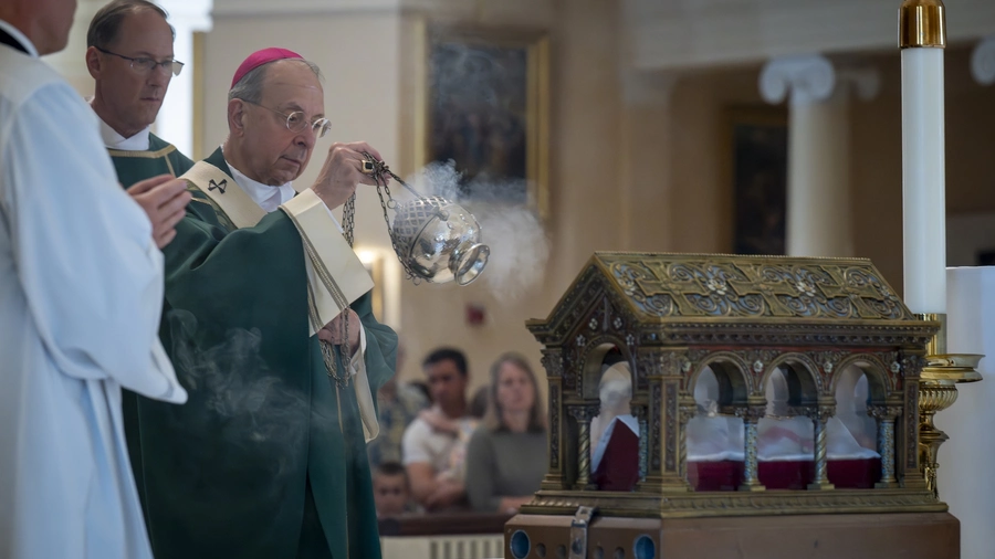Supreme Chaplain Archbishop William Lori incenses the major relics of St. Margaret Mary Alacoque.