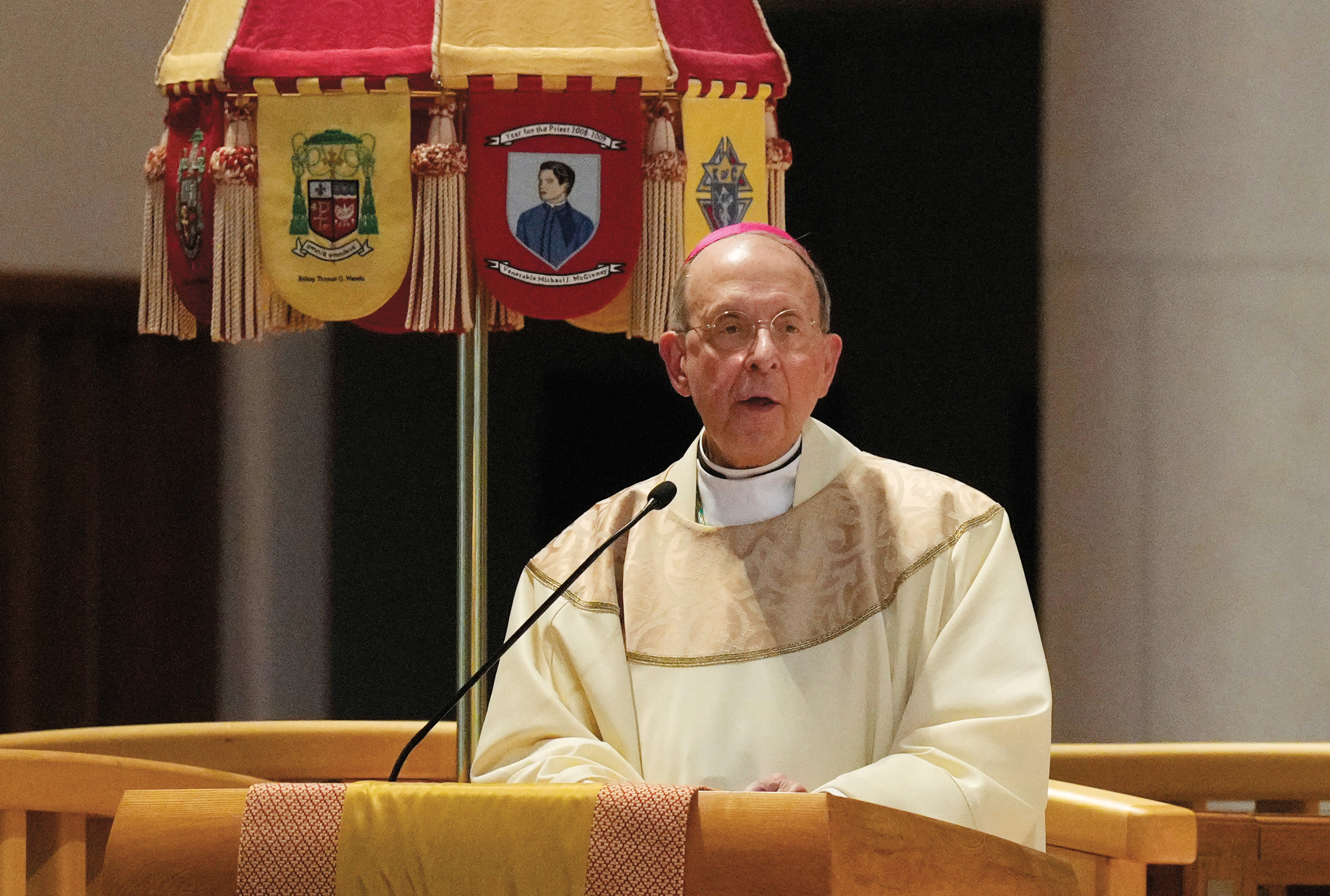 Supreme Chaplain Archbishop William Lori of Baltimore delivers the homily during Mass at the Basilica of the National Shrine of Mary, Queen of the Universe in Orlando, Fla.