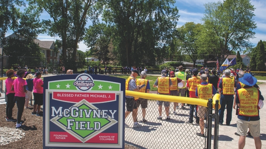Knights from Michigan councils join athletes from Clinton Valley Little League Challenger Division Senior League for the dedication of Blessed Michael McGivney Field.