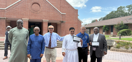 Knights from Richmond (Texas) Council 7445 solicit donations for students in need after Mass at Sacred Heart Church. More than $3,200 was collected for Common Threads, a program operated by the Lamar Consolidated Independent School District that provides students with clothing and school supplies.