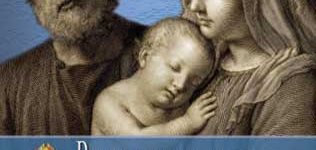 A depiction of Joseph and Mary holding baby Jesus