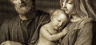 Artwork of Mother Mary, Joseph, and baby Jesus in sepia coloring