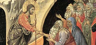 Painting Duccio di Buoninsegna (ca. 1255 - 1319), The Descent to Hell. Narrative panel that visually tells the story of Christ's harrowing of hell.