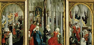 Roger van der Weyden (c. 1399-1464), Altar of the Seven Sacraments. Oil-on-panel triptych that masterfully illustrates the seven sacraments of the Catholic Church within the setting of a single Gothic cathedral. 