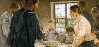 Artwork depicting Christ eating dinner among the peasants