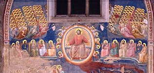 Artwork depicting the last judgement of Jesus surrounded by the saints