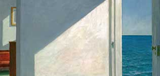 a painting of a door opened looking out to a body of water and blue skies