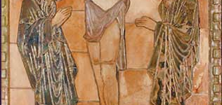 A mosaic of Jesus on the cross with Mary and Joseph on each side.