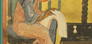 An illumination from a Byzantine manuscript depicting Saint Matthew the Apostle seated at his writing desk