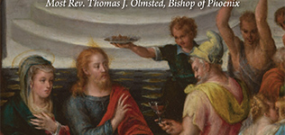 Artwork depicting the Wedding Feast at Cana. Bride and Groom are being served plates of food