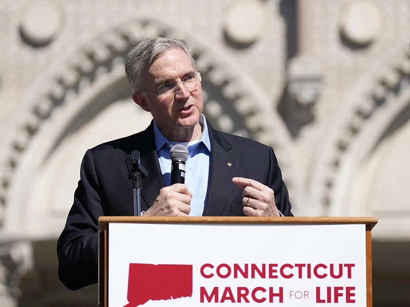 Supreme Knight Patrick Kelly speaks during the rally before the Connecticut March for Life in Hartford on March 19. 