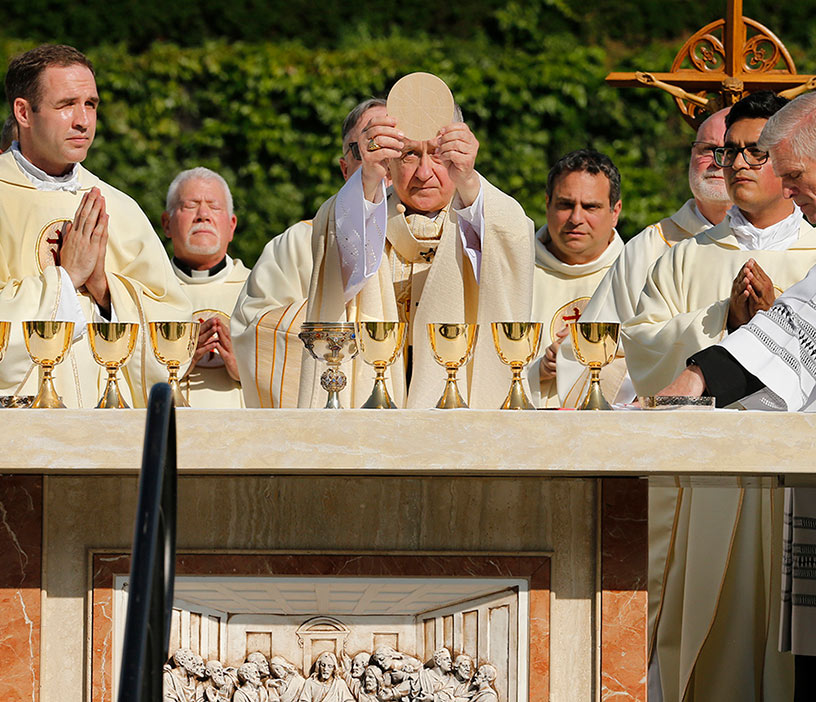 Cardinal Blase Cupich elevates the Eucharist during Mass at Rate Field.