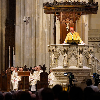 Cardinal Timothy Dolan, archbishop of New York, delivers his homily during a vigil Mass at St. Patrick’s Cathedral marking the 125th anniversary of the Knights of Columbus Fourth Degree on Feb. 22.