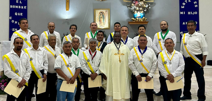 Charter members of the newly established Santísima Trinidad Council 18633 gather after Mass at Holy Trinity Parish in Querétaro, Mexico Central. 