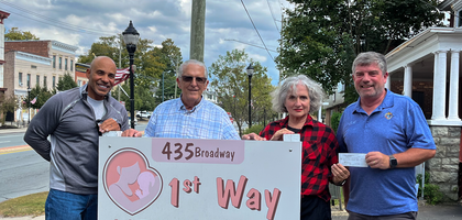 Grand Knight Matt Tierney (right) and other Knights from Monticello (N.Y.) Council 550 present a check for $3,000 — proceeds from the council’s golf tournament — to Annette Rein, director of 1st Way Life Center, a local pregnancy resource center, to help pay for diapers and formula. The center opened in 2010 with the support of local Knights, who helped with its startup and have paid for formula and diapers. 