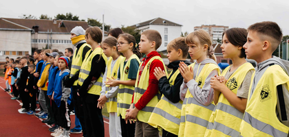 Children competing in the Knights of Columbus Cup in Ivano-Frankivsk, Ukraine, say a prayer before the games begin Oct. 5. 