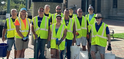 Members of Holy Martyrs Council 4733 and Msgr. Ed P. Graham Assembly 828 in Canton, Ohio, gather with family members and volunteers during a council-sponsored road cleanup in downtown Canton. The group collected enough trash and debris to fill six large garbage bags. Council 4733 and Assembly 828 have organized two cleanups each month for the past four years.