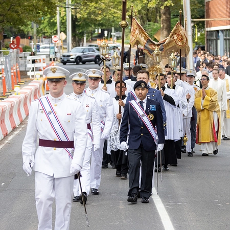 College Knights, including cadets, participate in a Eucharistic procession outside St. Mary&rsquo;s Church in New Haven, Conn., Sept. 27.