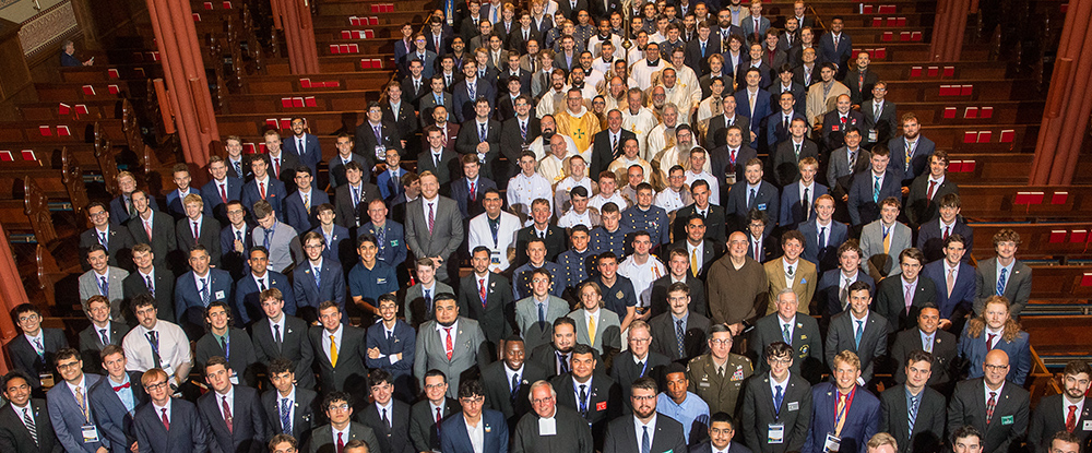College Knights gather after attending Mass together at St. Mary’s Church in New Haven, Conn., Sept. 27. The principal celebrant was Dominican Father Jonathan Kalisch, director of chaplains and spiritual development.