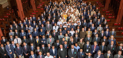 College Knights gather after attending Mass together at St. Mary’s Church in New Haven, Conn., Sept. 27. The principal celebrant was Dominican Father Jonathan Kalisch, director of chaplains and spiritual development.