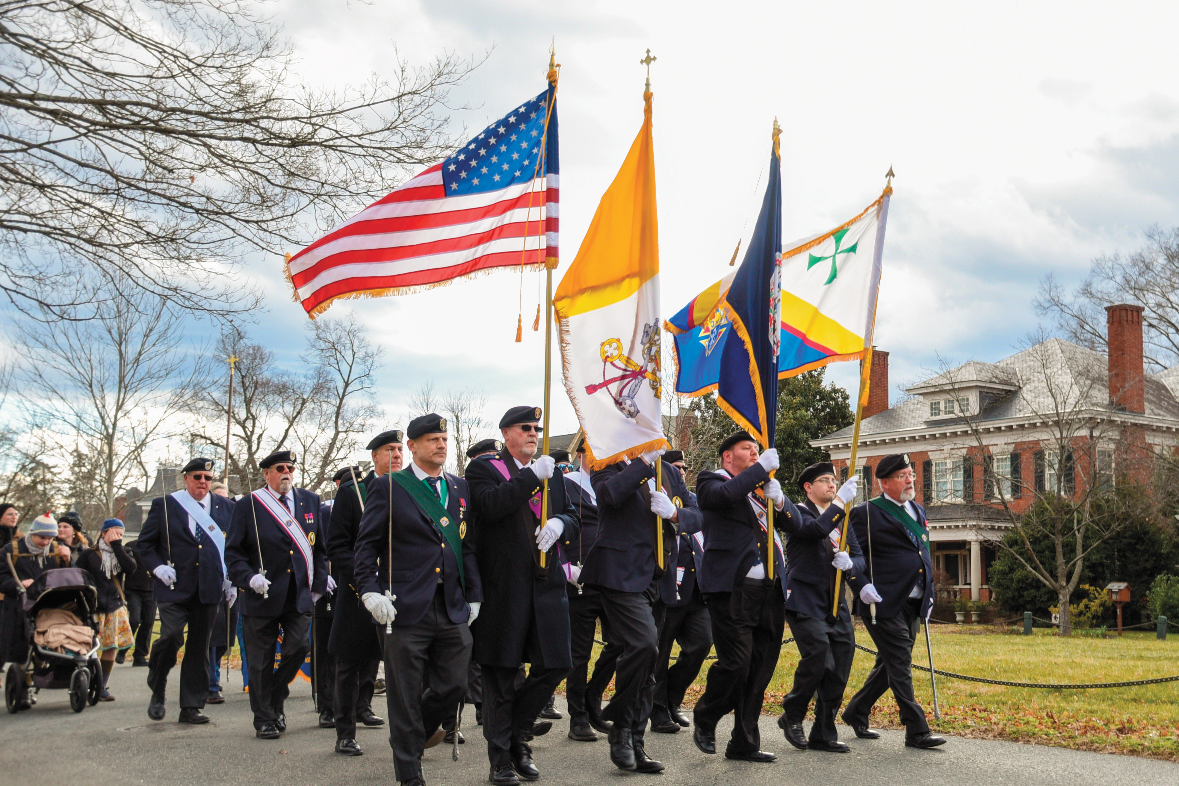 A color guard from Rappahannock Assembly 1613 in Fredericksburg, Va., leads a parade for the city&rsquo;s annual Religious Freedom Day.
