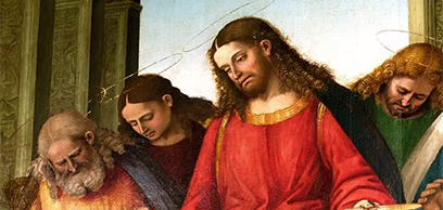 Painting depicts the moment in which Christ administers his body and blood to the Apostles.