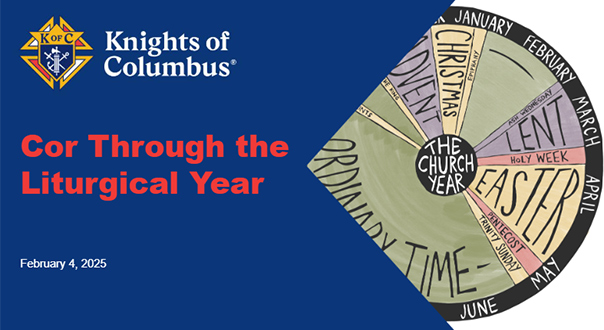 Cor Through the Liturgical Year text in red over a blue background with a handdrawn round calendar on the right.