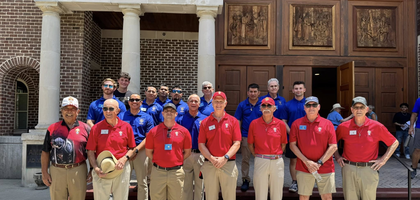 Knights from Michael O’Connor Council 5026 and Father Albert A. Faase Assembly 1447 in Beaufort, S.C., stand in front of St. Peter’s Church before helping lead a Eucharistic procession on the feast of Corpus Christi, June 22. About 200 participants traveled 2.5 miles from St. Peter’s Church to Waterfront Park, where they stopped before continuing to Historic St. Peter’s Church for Eucharistic adoration and Benediction.
