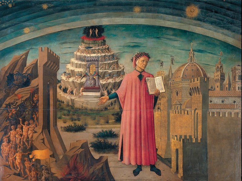 A 15th-century painting depicts the Italian poet Dante Alighieri (1265-1321) holding the Divine Comedy.