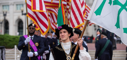 Declan Pennese, a member of Catholic University of America Council 9542, portrays Christopher Columbus for a Columbus Day ceremony at the Columbus Memorial in Washington, D.C., on Oct. 14.