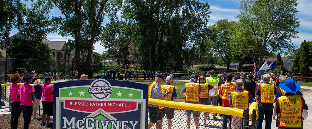Knights from several councils in Michigan join athletes from Clinton Valley Little League Challenger Division Senior League, for the dedication of Blessed Michael J. McGivney Field, a new baseball diamond at Neil Reid Park in Clinton Township on June 15, 2024.