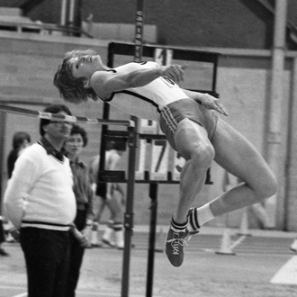 Canadian Diane Jones-Konihowski, a two-time Olympian, attempts to clear the bar at the 1980 K of C Saskatoon Indoor Games.