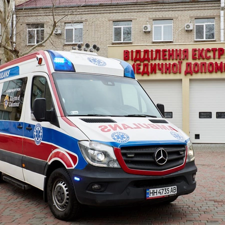 An ambulance donated by the Knights of Columbus is parked outside Chornomorsk Hospital in Ukraine on Feb. 4. (Photo by Victor Solodukha)