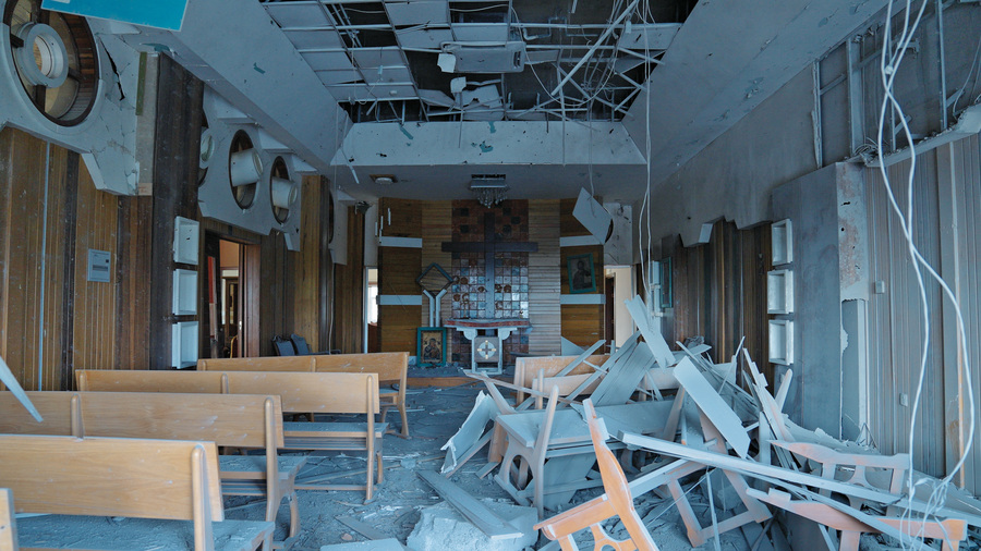 The chapel of McGivney House in Erbil, Iraq, is shown after a March 4 rocket strike.