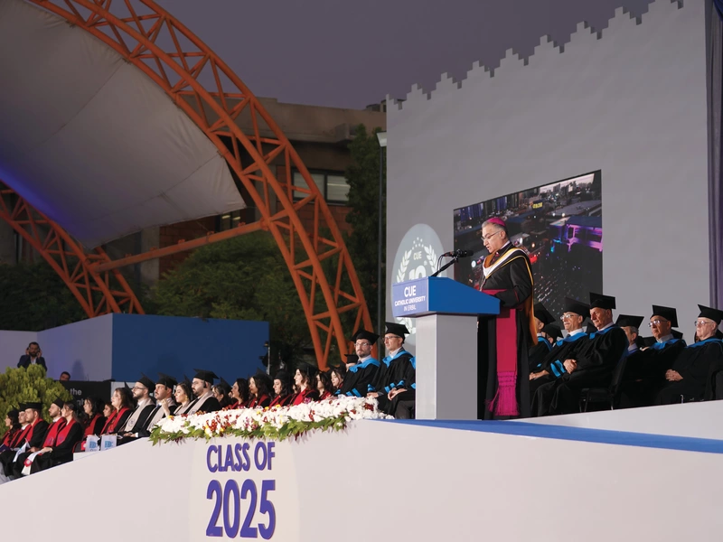 Archbishop Bashar Matti Warda of Erbil delivers remarks to the Catholic University in Erbil&rsquo;s graduating class of 2025.