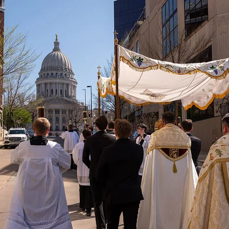 Pilgrims process toward the Wisconsin state capitol during a Eucharistic procession.