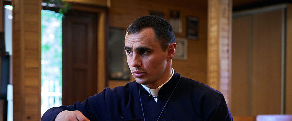 Father Oleksandr Bohomaz prays the rosary in St. Volodymyr the Great Church in Zaporizhzhia, Ukraine.