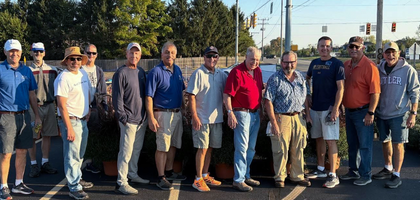 Members of Father M. Joseph McDonnell Council 11044 in Carmel, Ind., assemble during the council’s annual Mum Sale for Life at Our Lady of Mount Carmel Parish. The weekendlong sale raised $3,500 to support pro-life activities, including Indiana Right to Life, Biking for Babies, and local pregnancy resource centers.