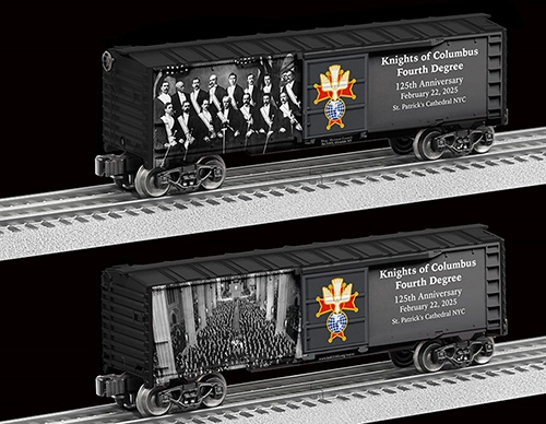 Council 5103&rsquo;s boxcar commemorating the 125th anniversary of the Fourth Degree features an image of the first Patriotic Degree on February 22, 1900, on one side and an image from the 2025 exemplification in St. Patrick&rsquo;s Cathedral on the other.