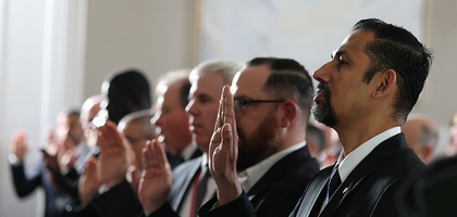 Candidates recite together the pledge of Fourth Degree at an exemplification during the Prince Edward Island State Convention in Charlottetown on April 26.